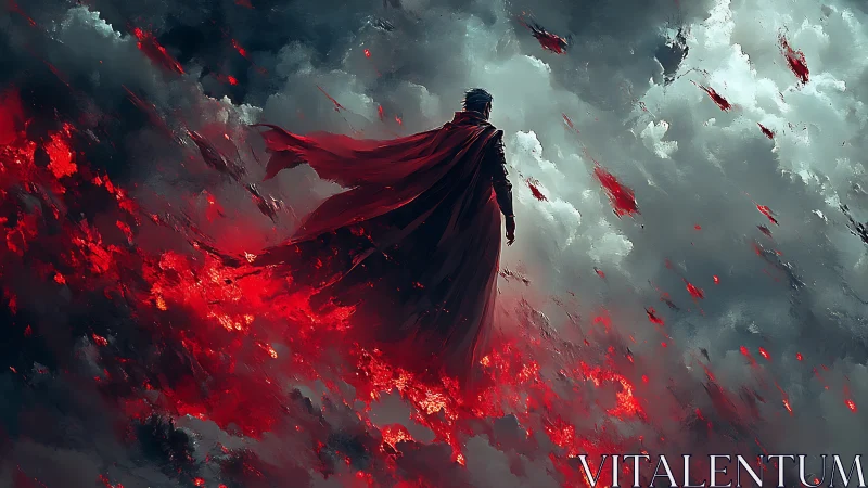 Solitary caped figure over eruptive crimson storm field