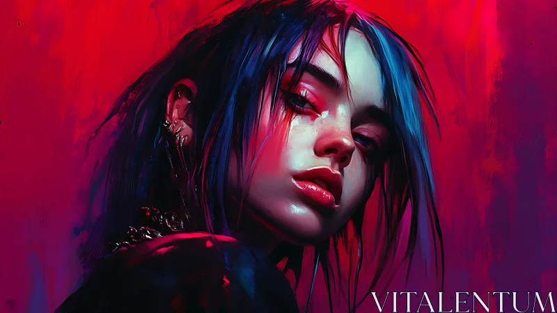 Neon-scarred rebel girl in electric crimson twilight glare.