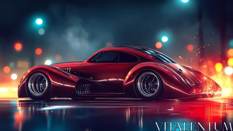 Sleek crimson coupe glows against a dreamy neon night street