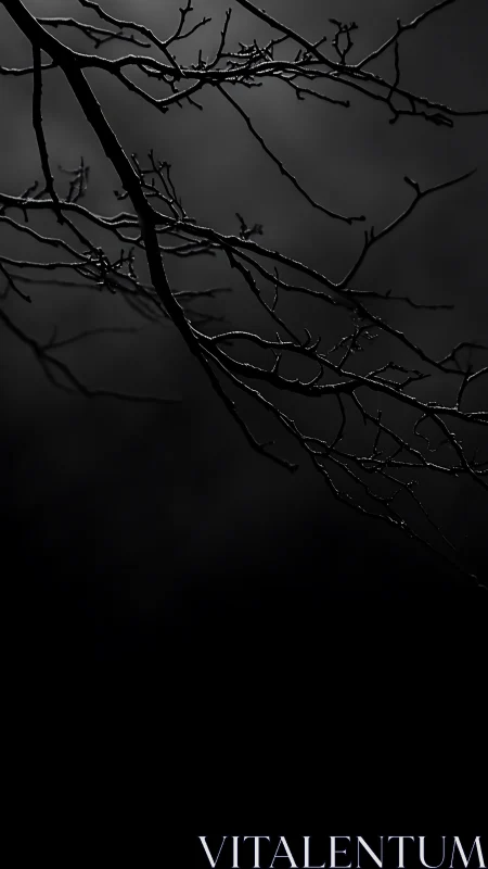 Thin bare branches extend diagonally across a dark frame