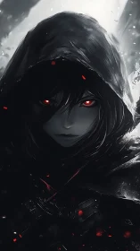 Hooded dark assassin portrait with glowing crimson eyes.