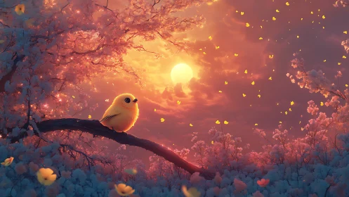 Small yellow bird sits on branch against stylized sunset sky