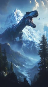 Roaring T rex strides through misty icy mountain valley
