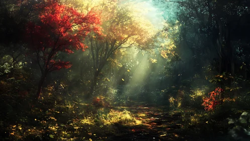 Enchanted Forest Path Awakens with Autumn's Luminous Spell.
