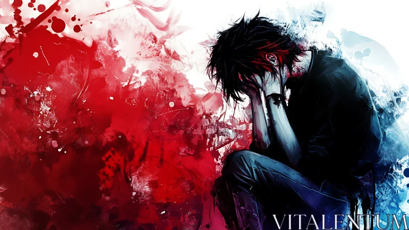 Despairing figure in abstract red and blue emotional vortex.