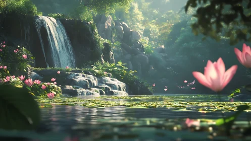 Serene lily pond beneath misty tiered jungle waterfall.