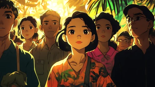 Warm sunlight gathers a hopeful crowd in gentle anime style.