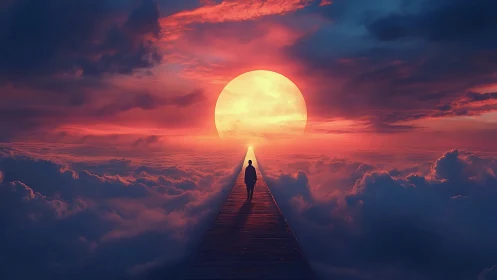 Solitary figure walking sky bridge into blazing sun.