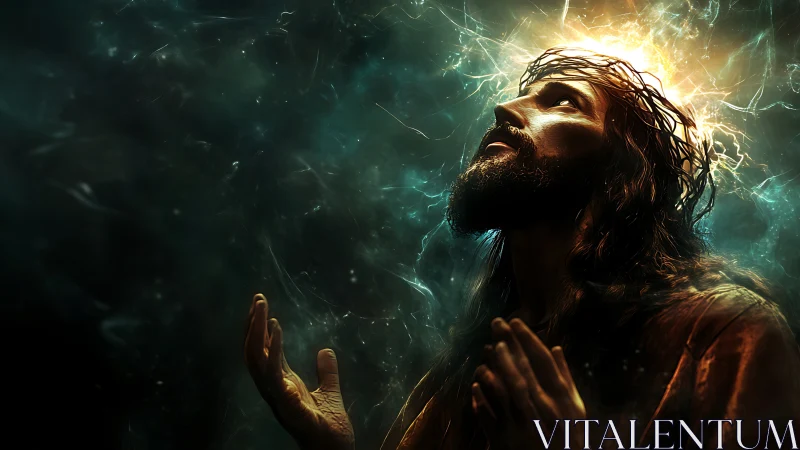 Bearded man in crown of thorns under glowing divine light.
