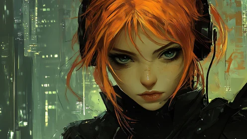 Fierce red‑haired hacker gazes out over neon city nights