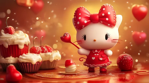 Stylized 3D Character with Polka-Dot Bow Surrounded by Confectionery Elements