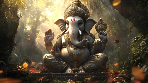 Divine Ganesha idol bathed in mystical forest light.