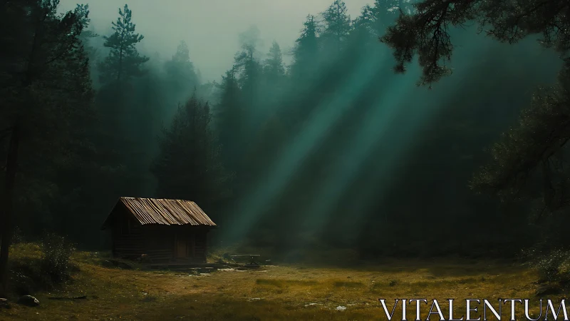Isolated wooden cabin in misty mountain forest clearing.