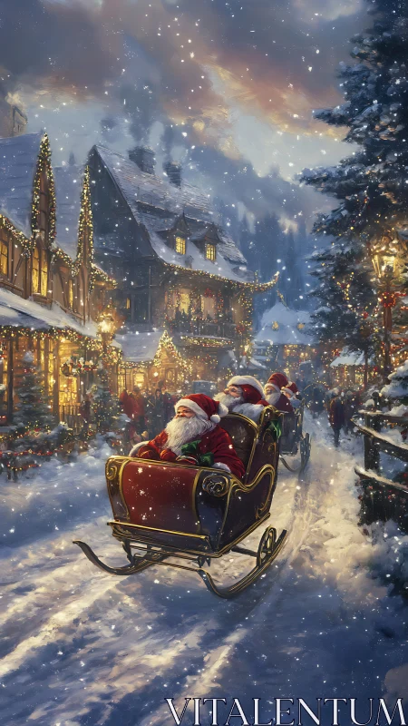 Santa sleighs glide through glowing snowy village street.