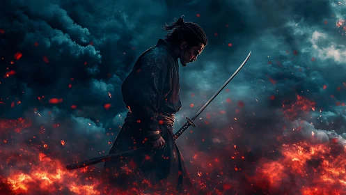 Samurai silhouette with katana amid fire and smoke clouds.