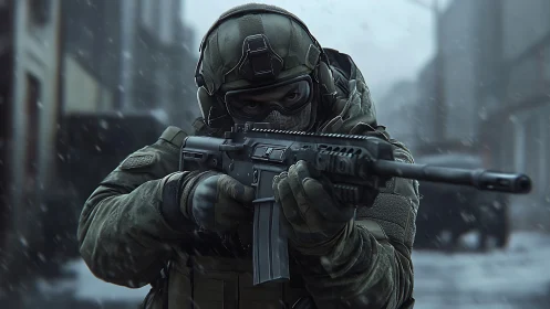 Tactical soldier aiming rifle in snowy urban combat corridor