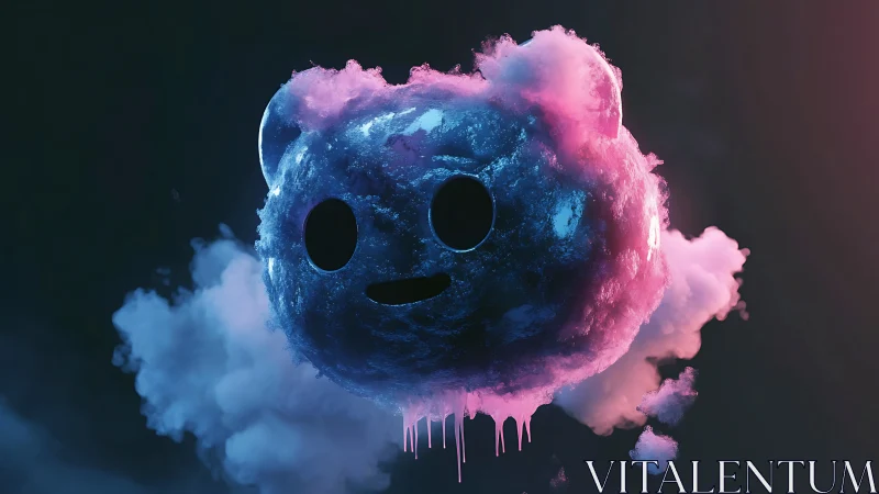 Neon cotton candy bear cloud floats in dreamy dark space.