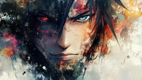 Split-eyed anime portrait is rendered in textured digital paint