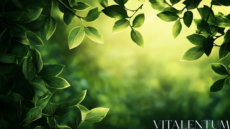 Sunlit green canopy framing soft bokeh forest glow.