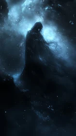 Silhouetted robed figure stands within diffuse blue nebulous light