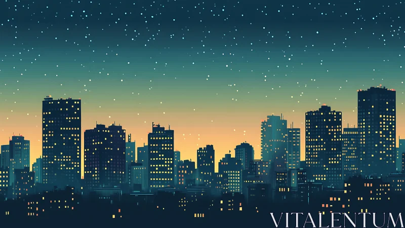 Nocturnal city skyline under gradient twilight skyfield.