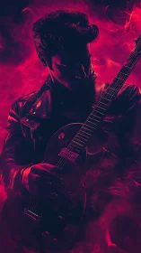 Silhouetted electric guitarist stands in dense magenta haze