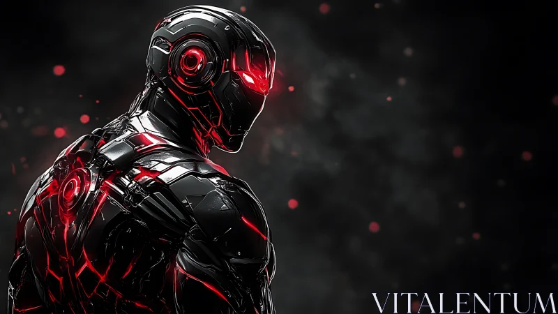 Cybernetic combat android shows emissive red circuits in dark void