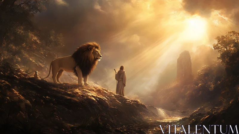 Lion and robed wanderer illuminated by cinematic divine light