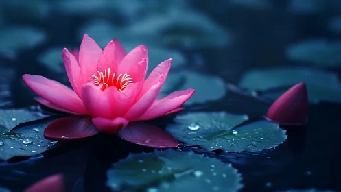 Pink Water Lily Floating in Moonlit Serenity.