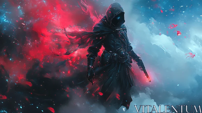 Shadowy space wanderer strides through glowing cosmic storm