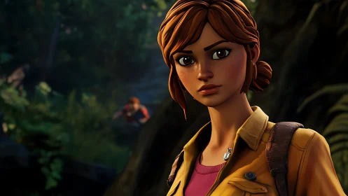 Young explorer studies dense jungle trail with wary focus