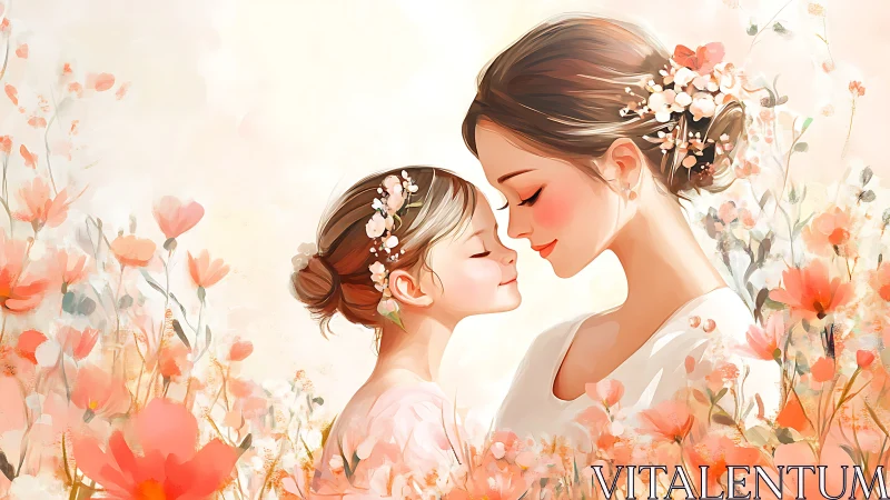 Mother and Daughter with Floral Wreaths in Warm Botanical Setting.