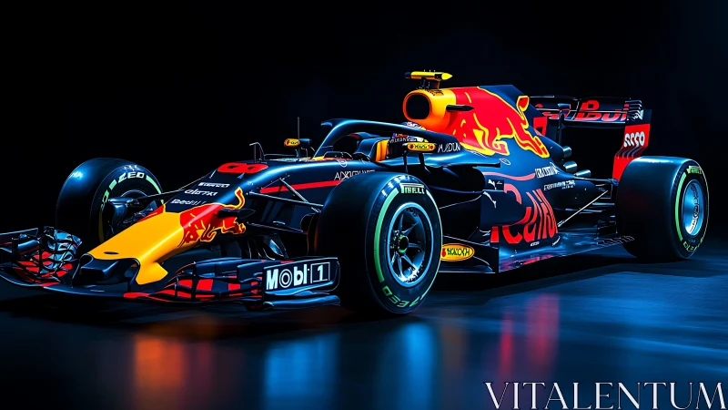 Red Bull Formula 1 car under dramatic studio lighting.