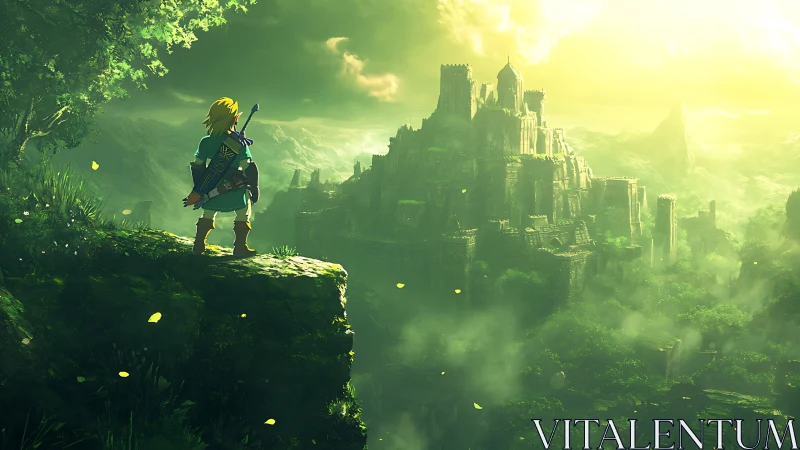 Heroic adventurer surveys a misty emerald fantasy citadel