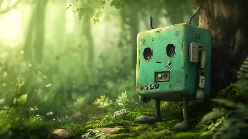 Boxy forest rover pauses to daydream under mossy light