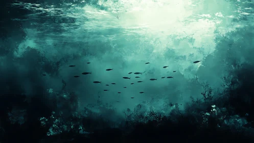 Submerged underwater scene with distant fish silhouettes.