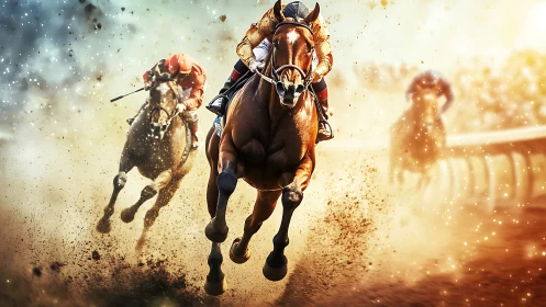 Galloping racehorse charges through golden dust and motion