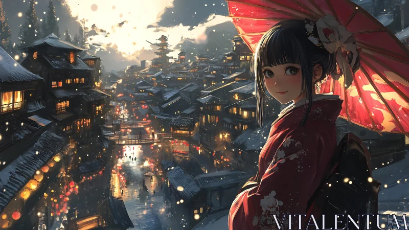 Snowlit lanterns crown a winter street while she turns, smiling