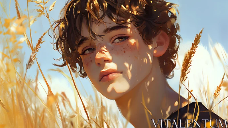 Sunlit freckled youth in golden wheat field portrait.