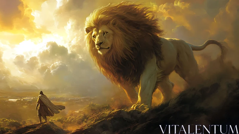 Golden sky watches a giant lion guard a lone traveler