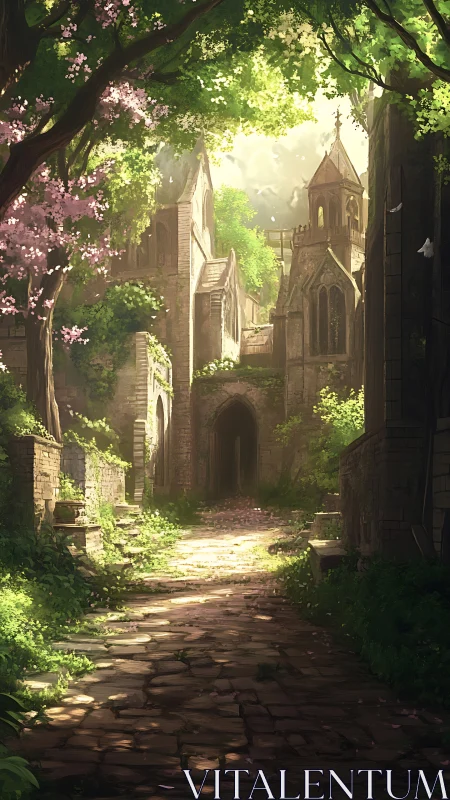 Sunlit overgrown cloister corridor with neo-gothic ruins.