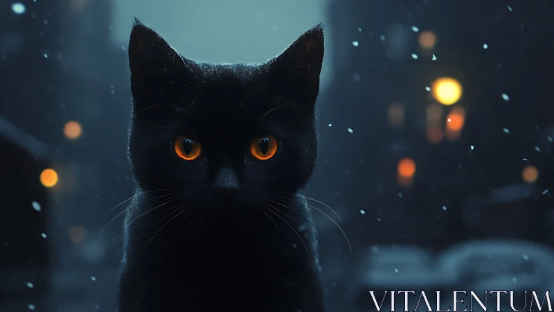 Black cat with luminous eyes in nocturnal setting.