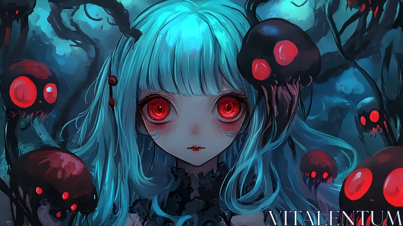 Otherworldly girl meets glowing red spirits in a dark forest