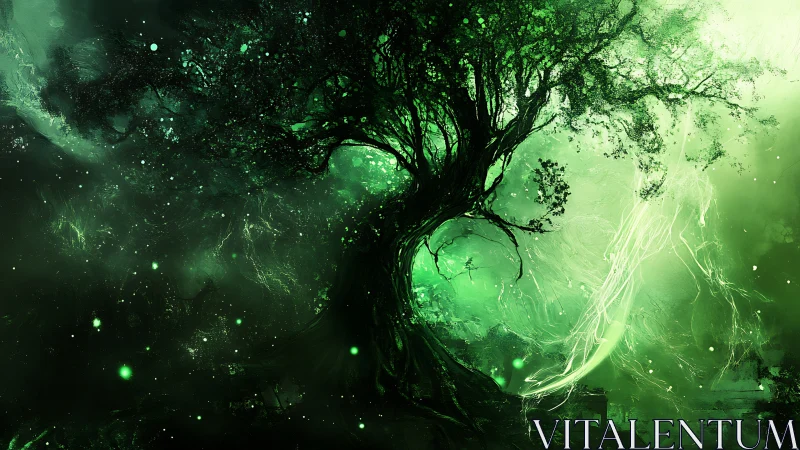 Green luminous tree silhouette in abstract night landscape.