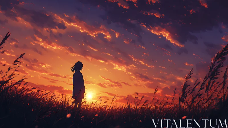 Silhouette of a figure stands in tall grass at sunset