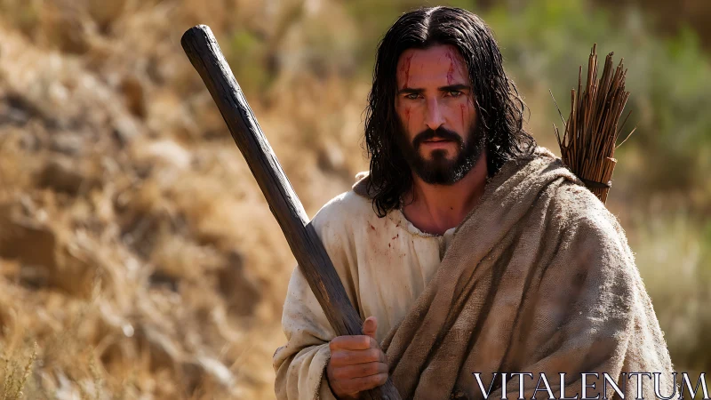 Desert wanderer in tattered cloak holding wooden staff.