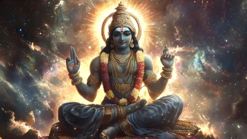 Seated multi-armed deity in ornate attire before nebula backdrop.