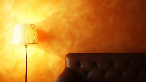 Warm floor lamp glow against textured orange wall.
