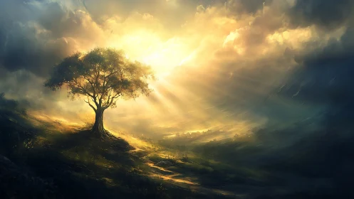 Lone tree under radiant celestial light over misty valley.