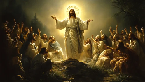 Radiant robed figure preaching to gathered disciples at dawn